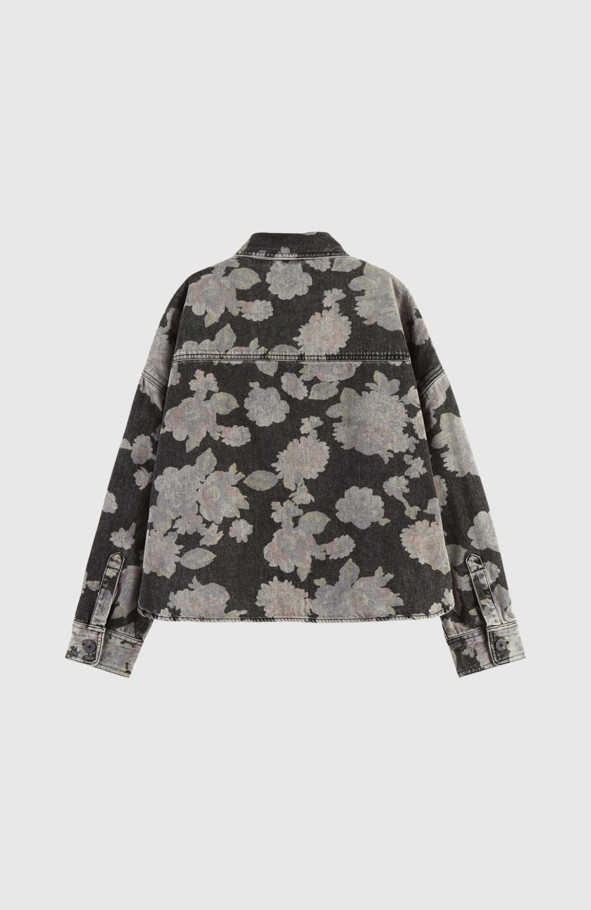 Allover printed floral black denim overshirt