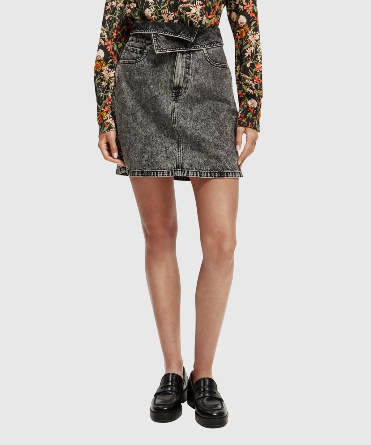 Seasonal fold over black denim skirt with wash effects