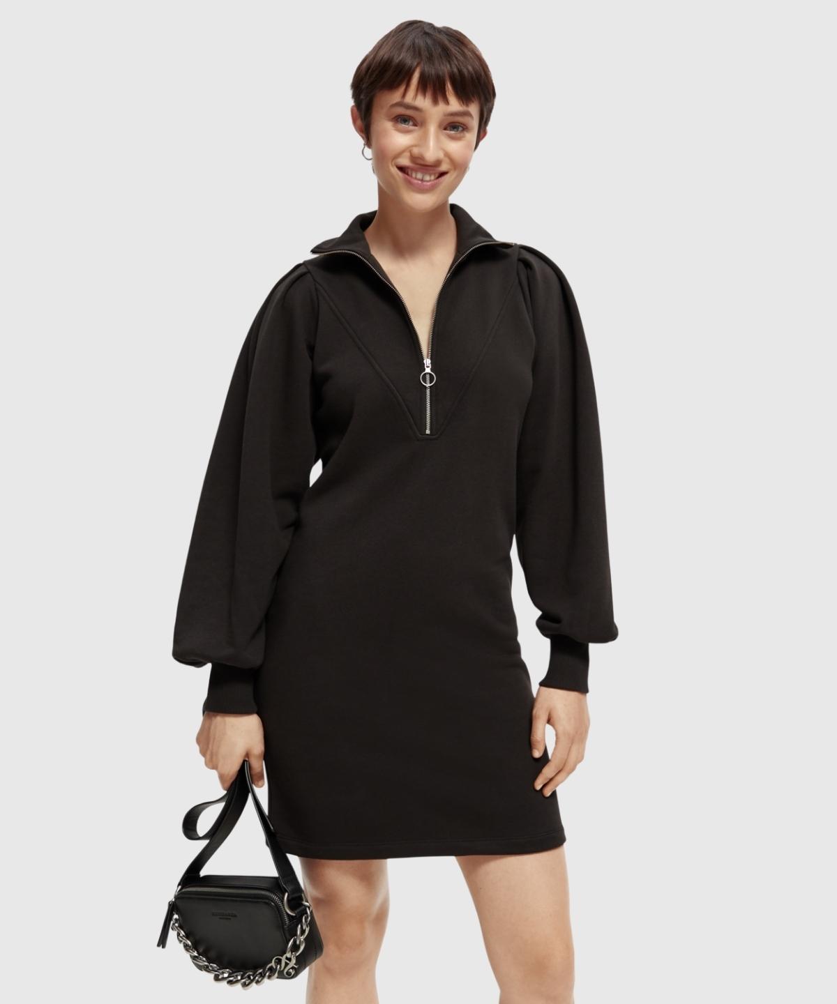 Zipped neck sweat dress with puffed sleeves