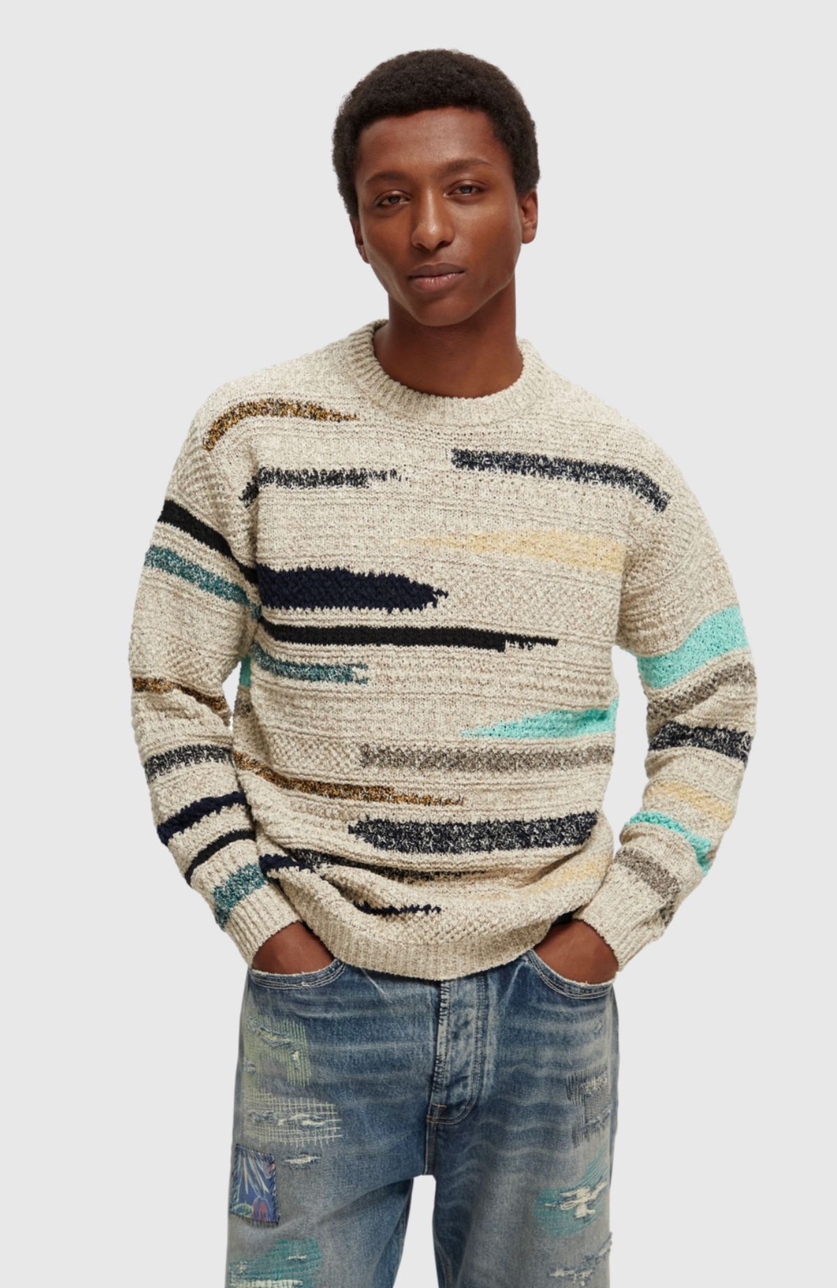 Melange jacquard striped crewneck pullover