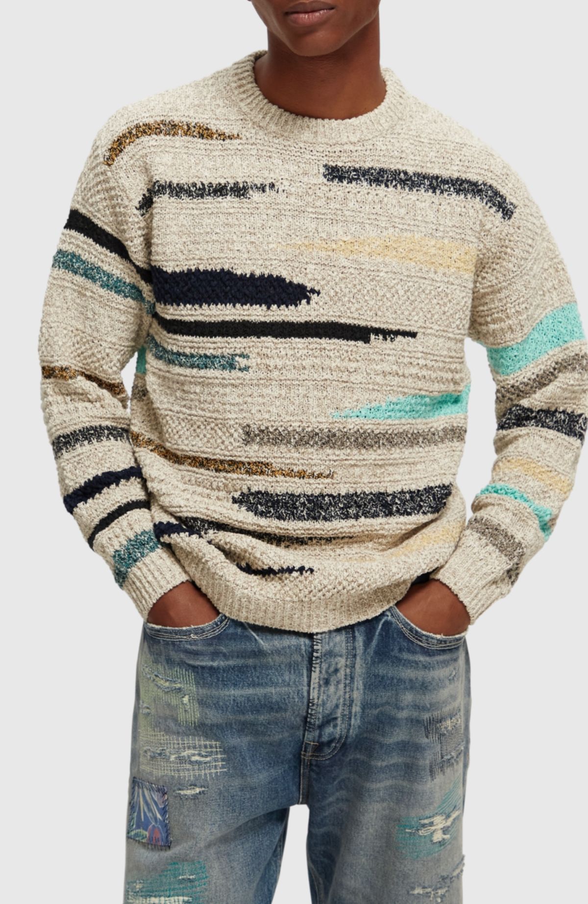 Melange jacquard striped crewneck pullover