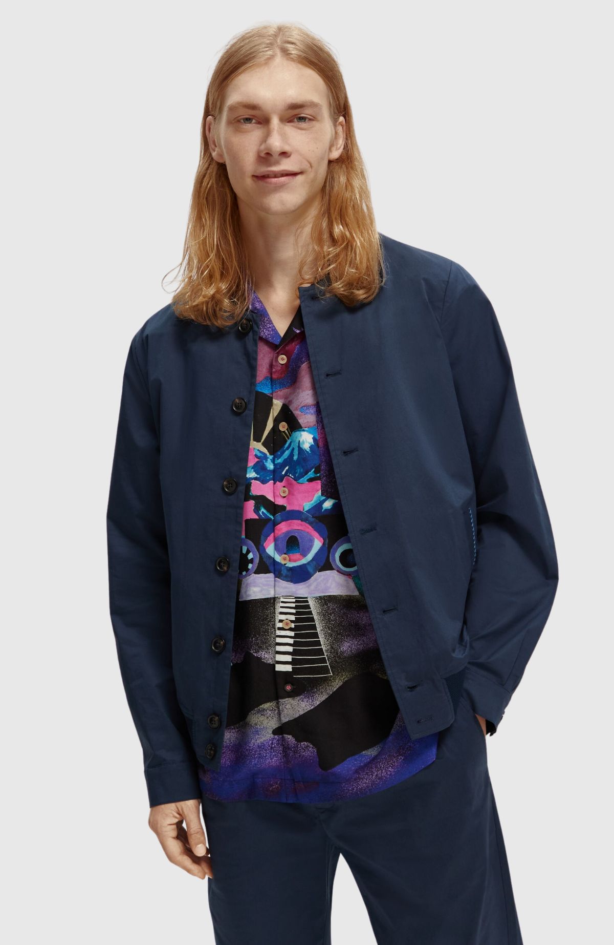 Stretch poplin bomber jacket with printed back panel