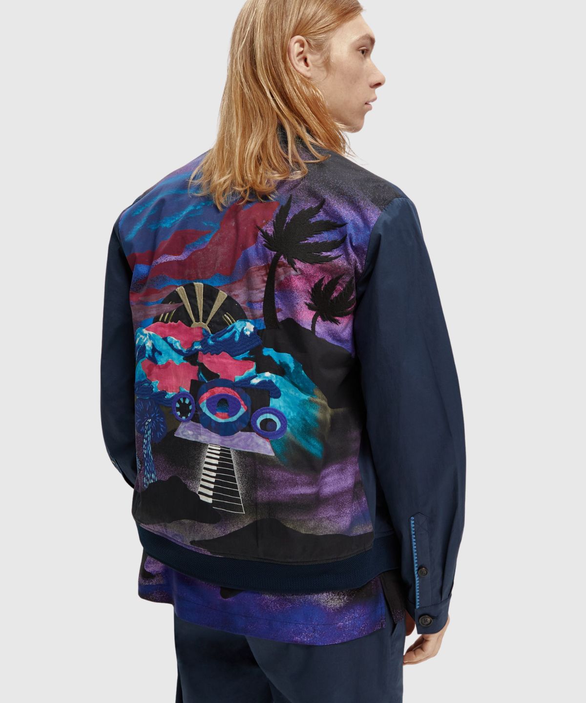 Stretch poplin bomber jacket with printed back panel