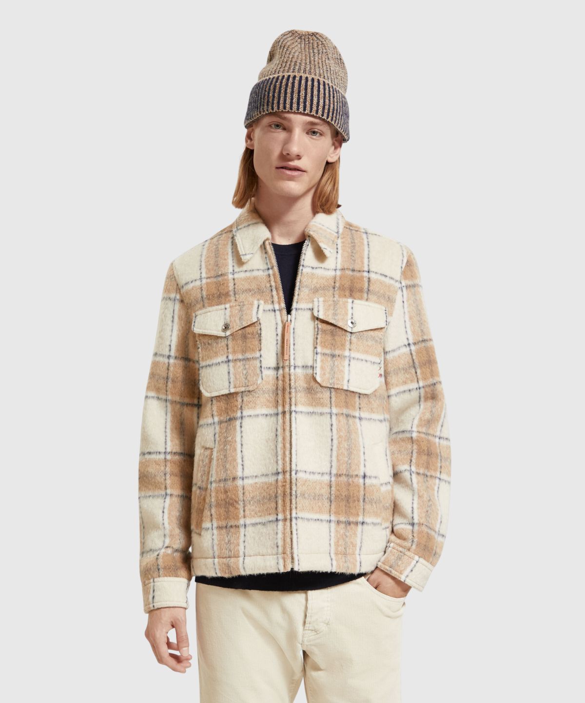 Wool-blend zip-thru check overshirt