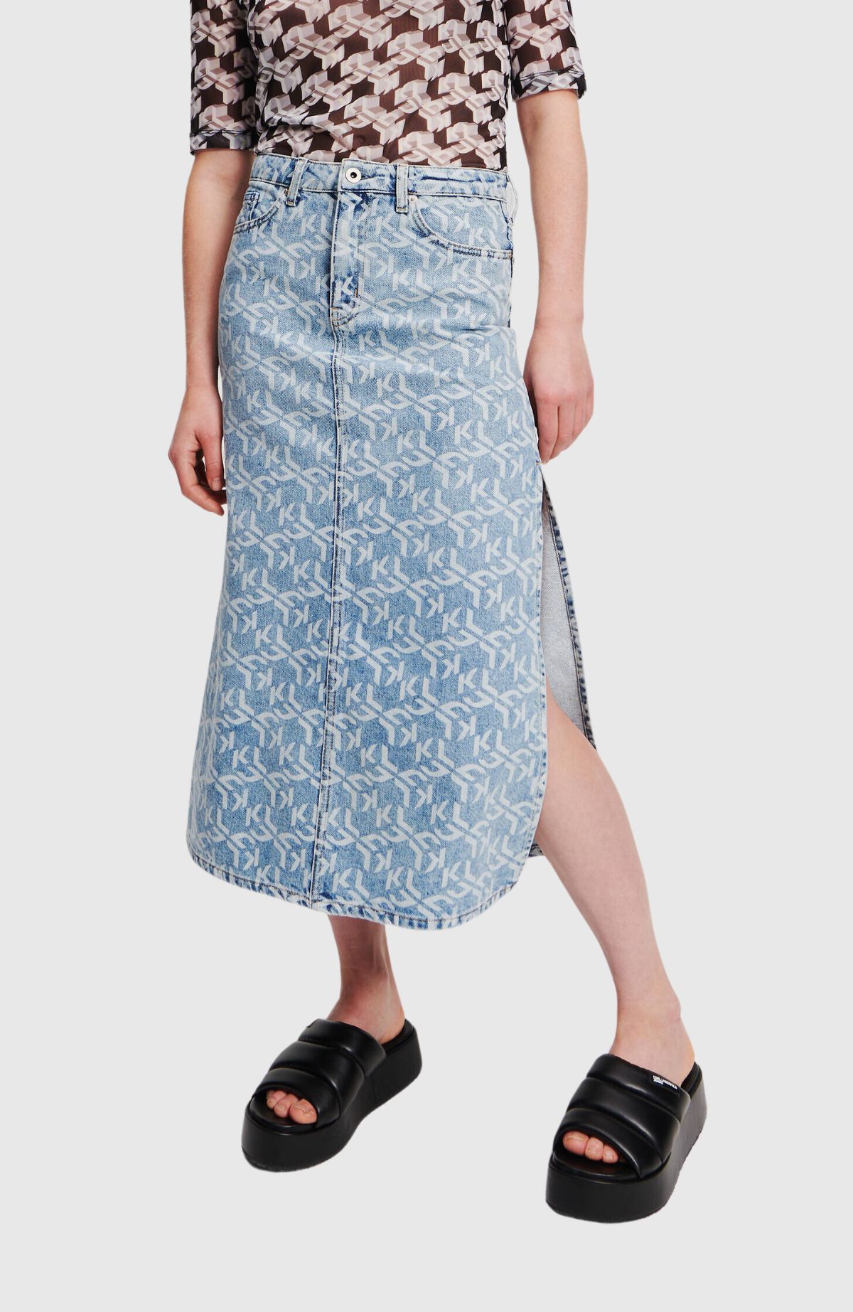 KLJ Monogram Denim Maxi Skirt