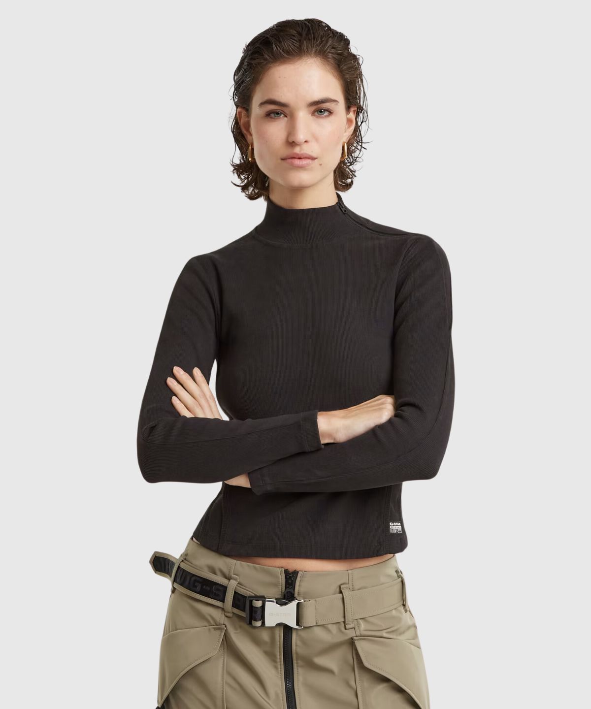 Asymmetric zip cropped slim mock ls wmn